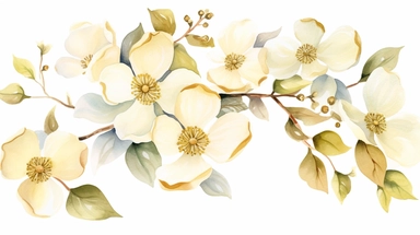 Watercolor clipart of delicate golden dogwood flowers, branches and leaves, on white background