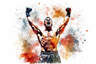 Watercolor, Generate a visual of a boxer celebrating a victory in the boxing ring clipart, hd, on a white background, spaced out
