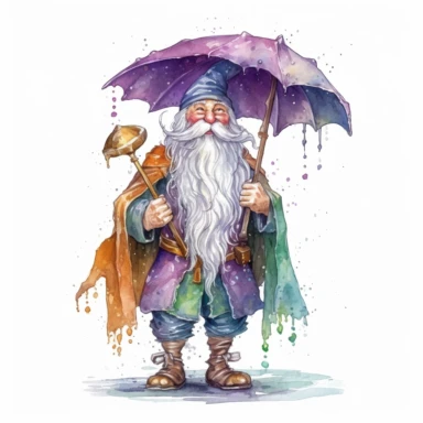 Cute Adorable magical little Wizard with a white beard holds laterally a huge umbrella in his hand wears a raincape and stand in the rain on a country road, correct umbrella, clipart, photorealistic illustration, watercolor, high detail, 8k polished, 8k, vibrant colors, white background