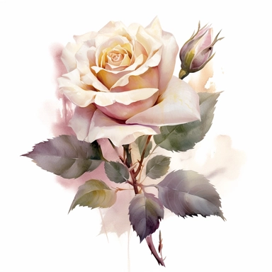 One Dusty pink and white rose flower, big blooms, with muted green whispy foliage with gold flicks, elegant and beautiful floral clipart for wedding invitations, delicate, watercolor, oil painting, defined edge on white background