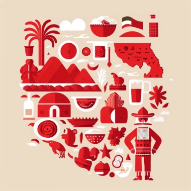 Create a clipart-style illustration with a predominantly red color scheme and a white background that features Mexican Culture.