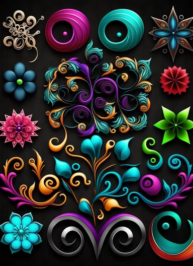 loops, hooks, hearts, stars, doodles, swirls, waves, whimical, flower clipart, blossoms, decorative buttons, kawii, hyper realistic , intericate details, high definition,