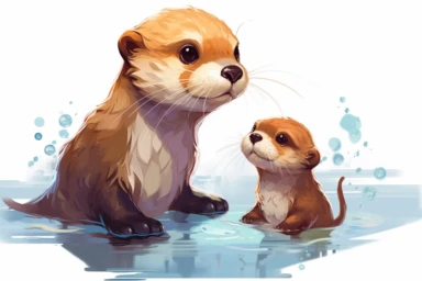 Create a heartwarming anime-style vector clipart of a baby otter learning to swim under the watchful eye of its parent, with a sense of curiosity and excitement. Viewed from an endearing perspective, HD, spaced out, on white background