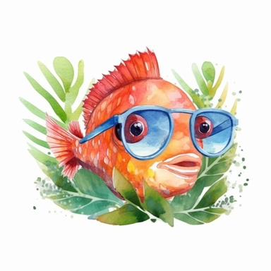 watercolor tropical fish swimming clip art, sunglasses, in the style of whimsical storytelling, storybook illustration minimal, graphic illustration, matte colors, 2d flat, vector, transparent background