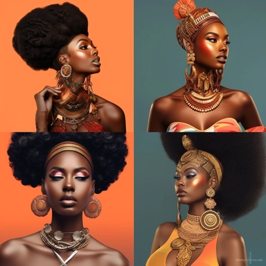 Eye-catching collage of black women in Pop Art style, featuring diverse hairstyles, fashion, and bold makeup, high-quality, clipart, empowering, vibrant, unique