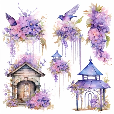 a set of unique EFFERVESCENT watercolor style clip art images in purple and blue of a Gazebo with lavender and other purple flowers growing around it, a Gazebo surrounded with dreamy purple flowers, a birdhouse with roses, dreamy intricate designs, the setting must be a floral dream, a secret garden theme, including garden decorations with elements such as fantasy, fantasy-inspired floral patterns, The overall mood of the images should be a fantasy floral wonderland, with a focus on the beauty a