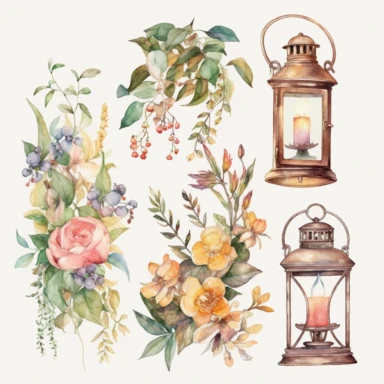 lanterne Cottagecore aquarelle, beautiful watercolor cliparts of old floral wall lamps, magic colors, white background, margin, 8k