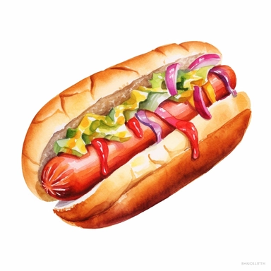 watercolour hot dog, clipart on white background, no watermark, highly detailed, professional color gradation, clean sharpness