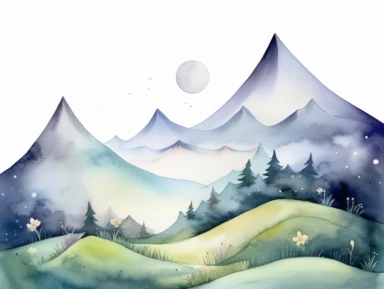 Simple mountain range with Whimsical rolling hills and mountains for a children's book, night scene, watercolor, clipart, white background,