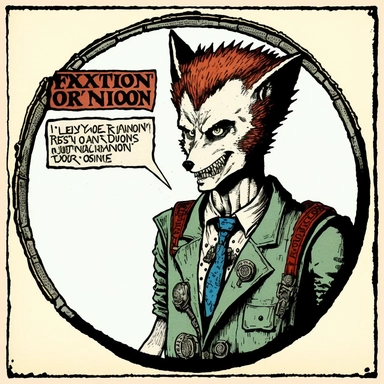 fox teacher, Basil Wolverton, Dungeons & Dragons, handpainted punk zine fashion poster, clipart illustration, circle white background, circle border