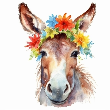 watercolor a funny donkey, wearing flowering head cover, clipart, isolated on white background, no watermark, HD