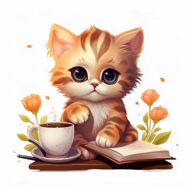 Clipart of a charming kitten engrossed in a story, Hand Drawn Back To School Clip Art, white background