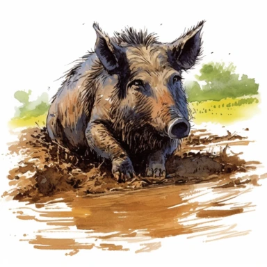 Giant forest hog, wallowing in a mud puddle to cool down, vibrant colors, clipart, on a white background.