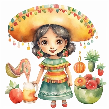 Watercolor cinco de mayo decorations, illustrations clipart set, simple, cinco de mayo colors, cartoon elements, different variants, cinco de mayo mexican hat, fiesta, mexican maracas, cute little girl with traditional mexican dress and hat, cinco de mayo sugar skulls, cinco de mayorose, separate elements with a margin