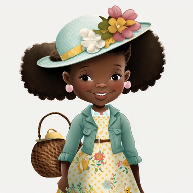 Gospel Church , Easter Sunday , Happy Black Girl Smiling on Easter Sunday , Wearing a Easter hat , standing , walking, Carring easter basket , Easter art, funny black girls clipart, Funny black girl , Frilly Easter Dress , Ribbiobs in Hair Cheerful african american girl child png, clipart, afro ,Full body with legs , Cottage core , Love shack Fancy, Highly detailed close-up portrait , standing , Nicoletta Ceccoli, Mark Ryden, lostfish, Earl Nor, global lighting, divine rays, detailed and intrica