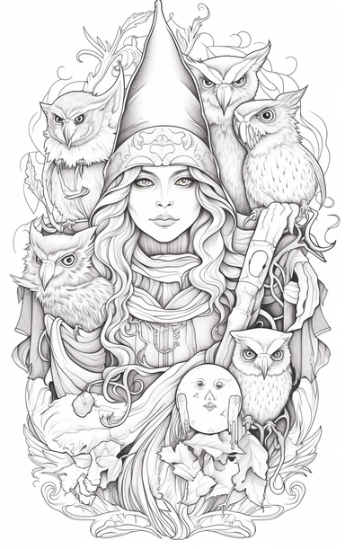 Coloring cartoon page for adult,witch clipart 6 witches, owl, in the style of reimagined by Dr. Seus, mystic mechanisms, illusory images, witchcore, lith printing ,clear and clean line art, white background