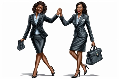 Contemporary black art version clipart of two happy ultra beautiful African American business women Black girl magic African American boss lady blue and white Louis Vuitton Rhinestone Ribbed Knit Dress and leather pumps standing while shaking anatomically correct hands after selling a large luxury house, both wearing expensive suits and leather shoes out doors, well lit, white background, taken with Canon