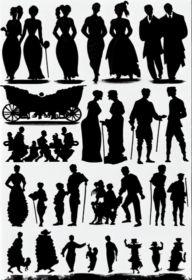 diverse silhouettes of people, enigmatic, whimsical, victorian,active, black and white clipart collection, white background