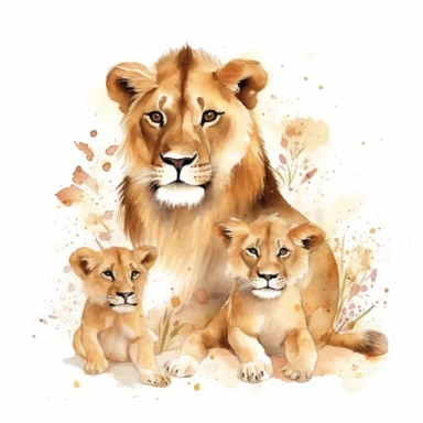 family, baby, lion and lioness,Watercolor Clipart high quality, white background , lion and lioness, cute, love