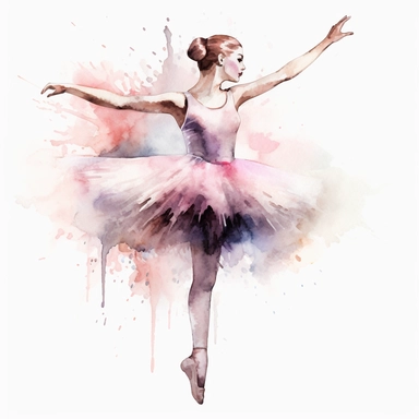 Create a clipart of a watercolor painting of a ballet dancer with a tutu and ballet shoes. No Background