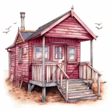 watercolour illustration beach hut pink themed colours, highly detailed, clipart, white background, contour, clear outline
