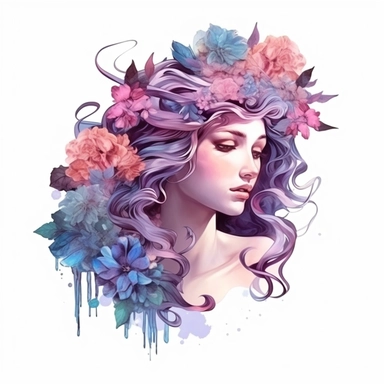 Fantasy Style Ancient Rome style Beautiful Flora Goddess flowers on her beautiful hairs with watercolor effect,Many flowers,suitable for digital clipart,white background,Mythologic Scene,Ancient rome fashion