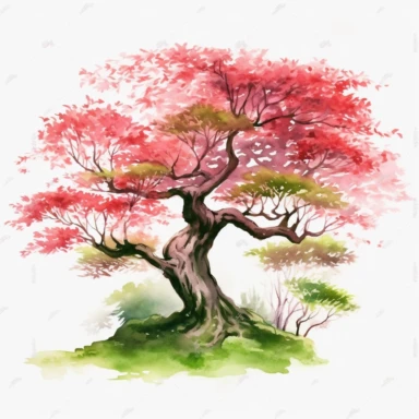 Watercolor, Japanese Maple Trees, old, long branches, Clipart, springtime japanese trees, forest, grass, white background