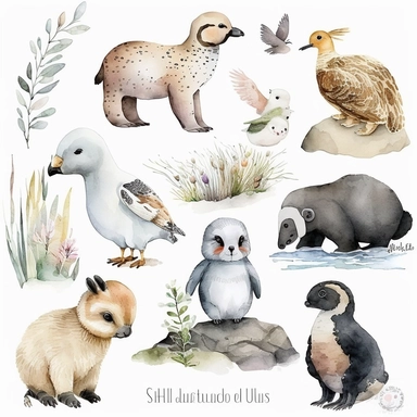 one watercolor baby animal nursery clipart, mountain, pastel colors, white background