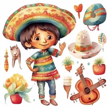 Watercolor cinco de mayo decorations, illustrations clipart set, simple, cinco de mayo colors, cartoon elements, different variants, cinco de mayo mexican hat, fiesta, mexican maracas, cute little boy with traditional mexican dress and hat, cinco de mayo sugar skulls, cinco de mayorose, separate elements with a margin