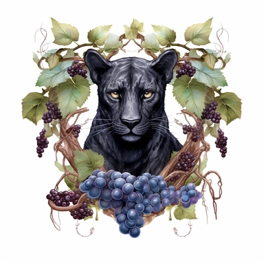 Fantasy Style Black Panther wearing crown around with grapes and gravines at the forest full of vineyard,grape trees,grapevines with watercolor effect,grapwines and grapes,suitable for digital clipart,white background,Mythologic Scene