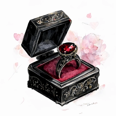 gothic engagement ring black velvet box with very expensive ruby ring ? ? ? ??? valentines day elegant romantic high detailed photorealistic watercolor and ink clipart on a white background anime detailed textures