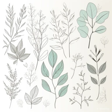 simple vector illustration, botanical, leaves and branches, leaf, branch, silhouette, elegant, outline, hand drawn, clipart svg, all white background