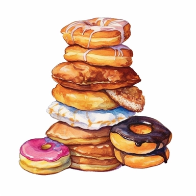 watercolor various shaped doughnut handmade illustration with the image quality you love by mariela, in the style of watercolor landscapes, tony cragg, realistic impressionism, piles/stacks, highly detailed figures, archaeological object, zinaida serebriakova Clipart desert cartoon t-shirt graphic, vector,contour, isolated on a white background