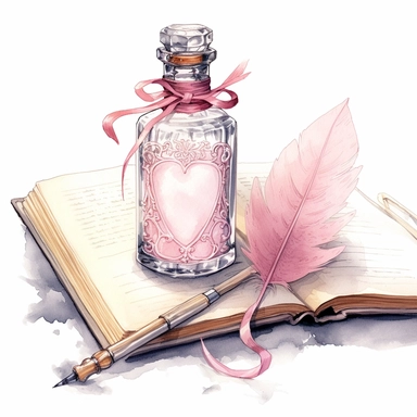 watercolor, hyper realistic, white background, white margins, 16k, ultra detailed clipart, cut out image, hand-drawn, whimsical manhwa style, ultra HD, sharp and clean art A quill pen with a heart-shaped tip dipping into a bottle of ink, next to a book with a delicate lace bookmark, set against a background of pale pink and soft beige.