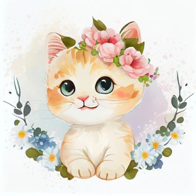 Cute kitty clipart with watercolor illustration, Cute kitty with flowers on head, Baby kitty, extremely detailed, watercolor clipart, white background,