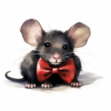 clipart vector image with plain white background of a watercolor painting of a black mouse laying down curled up sleeping. Distinguished. wearing a red bow tie. extremely detailed.