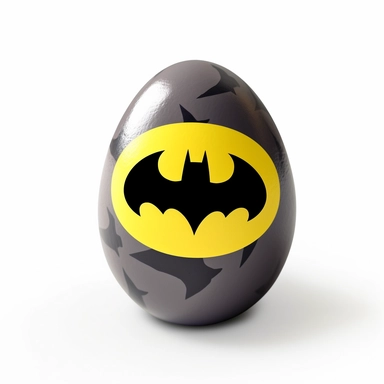 easter egg painted with Batman’s color with Batman and logo on it, clip-art style, white background, side view, no shadows