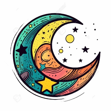 very simple yet funky clipart comic image of a 60s style colorful quarter moon on a white background
