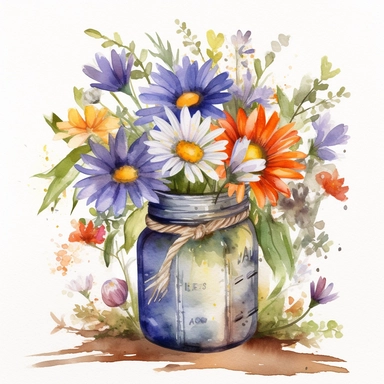 Create a watercolor clipart showcasing a whimsical arrangement of wildflowers in a rustic mason jar vase. The wildflowers can include daisies, lavender, and cornflowers, with each flower having distinct brushstrokes and textures. The colors should be bright and cheerful, evoking a sense of natural beauty and simplicity.