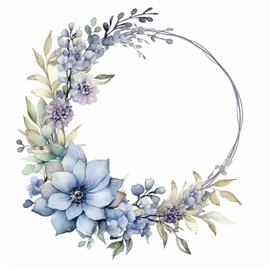 watercolor clipart of a empty suttle dainty floral oval frame surrounded by dusty blue color flowers. Capture the essence of blooming beauty and intricate details in your artwork, white background