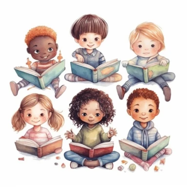 many different nationality Cute little children reading a book, folk art, watercolor, clipart elements, kawaii, white background