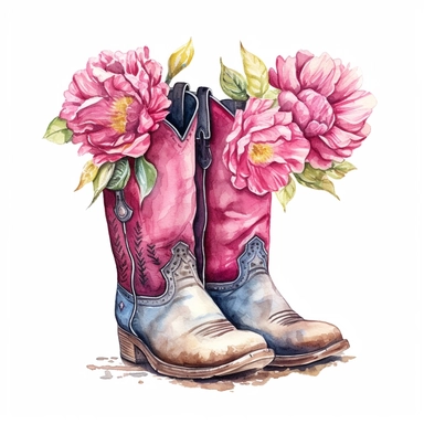 Cowboy Boots Pink Peonies, Watercolour Illustration clipart, 4K, extremely detailed Sublimation Clipart,Cartoon,hyper realistic, intricate detail, illustration style,high solution,on the white background