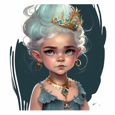 boho little girl, big eyes, light lavender skin, short white hair in tall updo with a small gold crown, teal eyeshadow and red lipstick, black cami, nautilus shell necklace, evil laugh, mole beside bottom left lip, holding a gold trident, very detailed and realistic, watercolor, half body, white background with margins, clipart style,