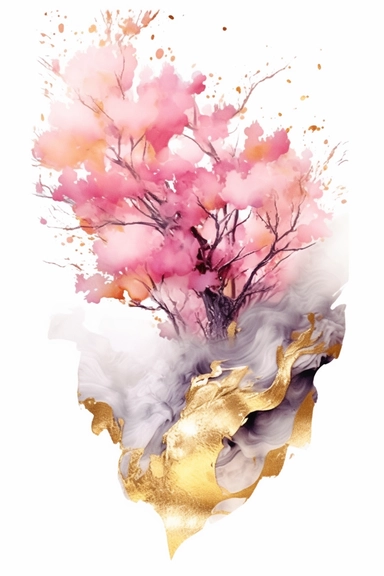 beautiful gorgeous alcohol ink of gold serene nature scene with a central focus on a pink icebird, gentle wave , minimalist style, crystals, glam, glossy, glitter texture, liquid ink clipart, modern and stylish design, bright colors, 300 dpi, clear decoration, clear white background, highly detailed digital art, 8k