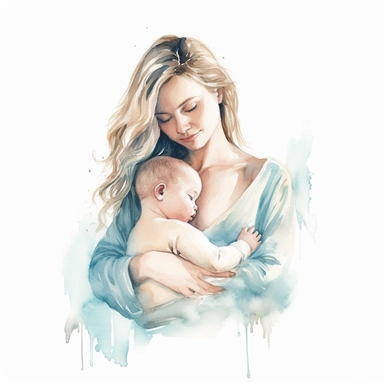 beautiful mom with newborn baby boy, watercolor effect, isolated white background, babyshower clipart, soft blue tones, 8k