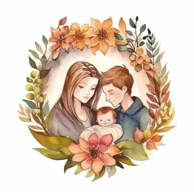 Compose an enchanting hand-drawn watercolor clip art image showcasing a family gift niche with birth flowers representing a family of three. Customize the image by selecting birth flowers for each family member: a March baby (Daffodil), a June baby (Rose), and a December baby (Poinsettia). Incorporate a warm and inviting color palette, evoking a sense of coziness and love within the artwork.