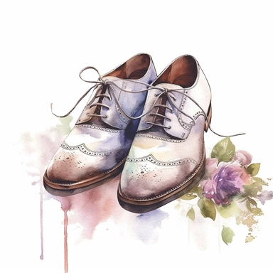 wedding watercolor graphics, subtle neutral pastel tones, sparklecore, embossed paper, Create a dashing wedding clipart featuring sleek and polished groom's shoes, exuding a sense of style and refinement, completing the groom's ensemble for a truly memorable wedding celebration, candid, multi-layered