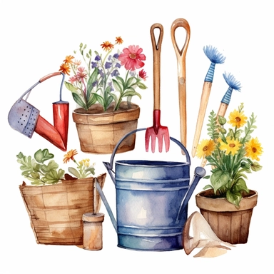 Watercolor illustration of a set of water bucket, watering can, scoop, broom, tree branch, rake, flower pot. Hand-drawn with watercolors and is suitable for all types of design and printing. Clip art