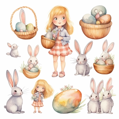 Watercolor easter eggs, illustrations clipart set, simple, soft colors, cartoon elements, different variants, easter elements, jumping bunnies, sitting bunnies ,rabbits, cute little girl, easter eggs in basket, separate elements with a margin