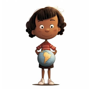 clipart peanuts style cartoon, girl, standing next to a globe, dark skin, full body, white background